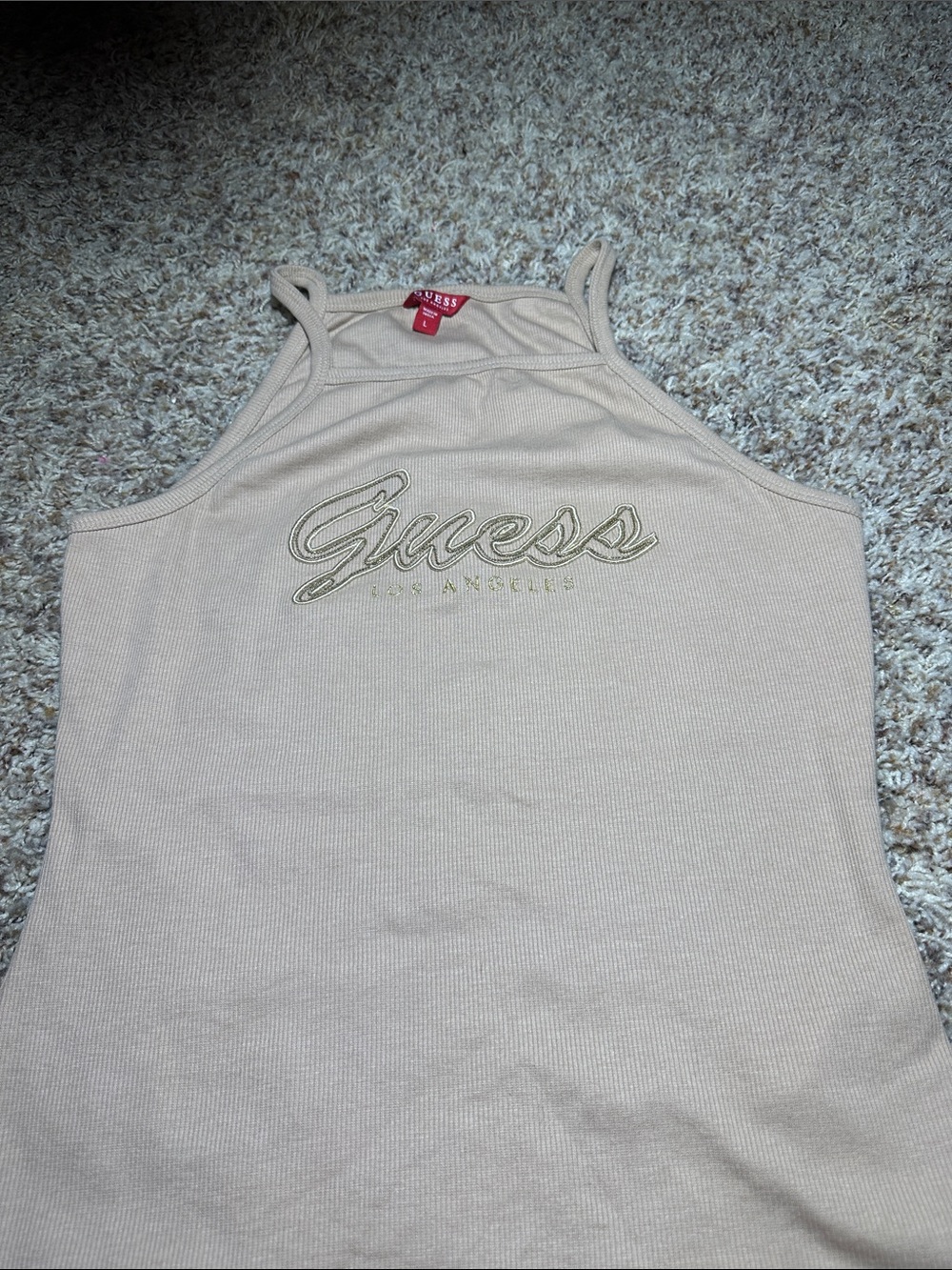 GUESS Beige Ribbed Halter Tank with Embroidered Logo - Picture 1 of 3